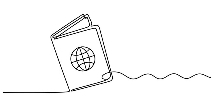 Continuous single line drawing of an open passport document with a globe icon representing international travel isolated on transparent background