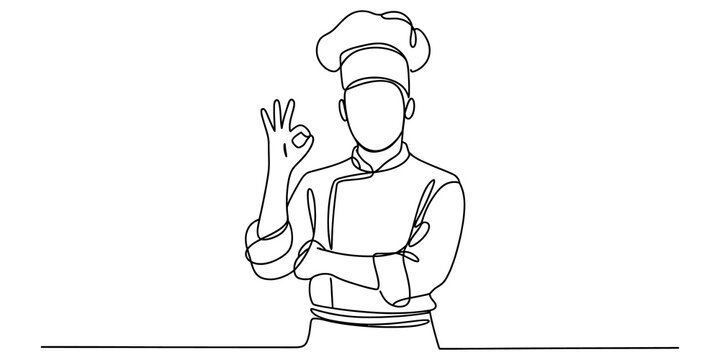 Continuous single line drawing of a happy chef making an okay hand gesture wearing a traditional cooking uniform hat isolated on transparent background