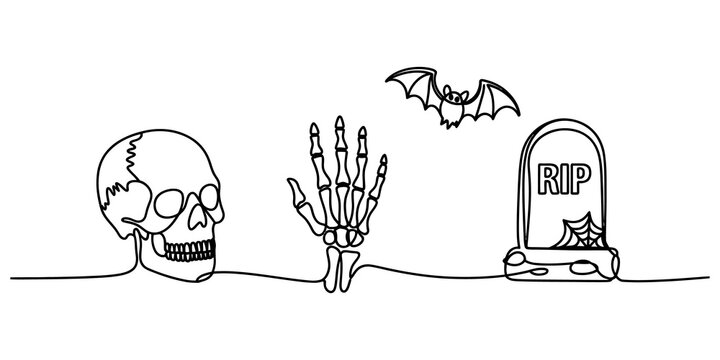 Continuous single line drawing of human skull skeleton hand bat and tombstone for halloween spooky holiday decor isolated on transparent background