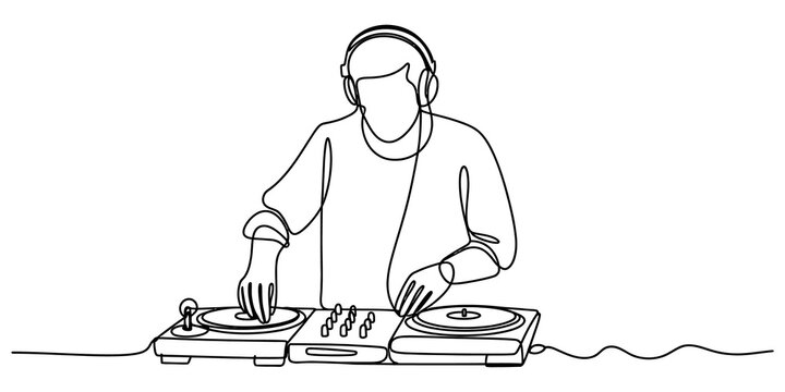 Dj playing music on turntables with headphones in a simple continuous line art style drawing isolated on transparent background