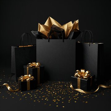 Bolsas de compra negras con regalos dorados y amplio espacio para promoci&oacute;n de Black Friday