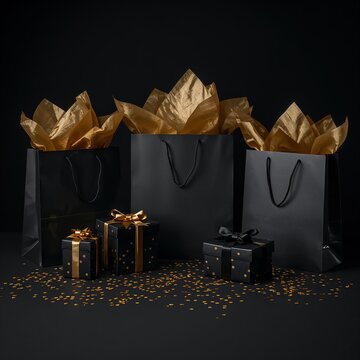 Composici&oacute;n de Black Friday con bolsas de compra negras, papel dorado y regalos elegantes
