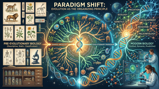 Infographic illustration depicting paradigm shift in evolution showing shared ancestry, genetics, speciation, ecology, and modern biological concepts