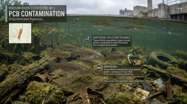 Submerged view of creek bed showing PCB contaminated environment with various fish species swimming near mossy rocks under overcast light