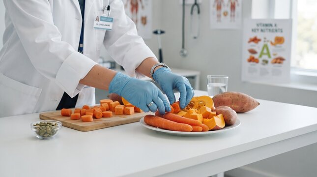 Professional nutritionist wears blue medical gloves while carefully arranging fresh orange vegetables on white clinic table