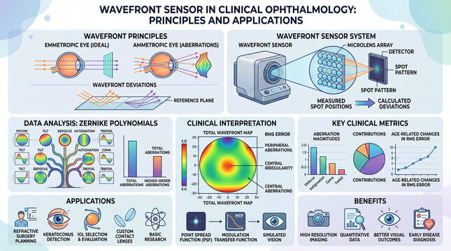 Infographic diagram illustrating wavefront sensor principles in clinical ophthalmology showing emmetropic eye aberrations, wavefront deviations, and key metrics