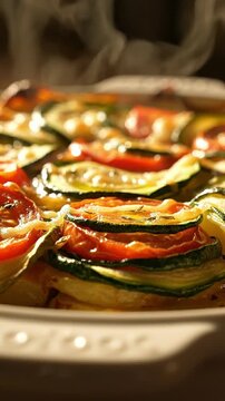 Fresh roasted ratatouille vegetable bake with sliced zucchini and tomato served in a white baking dish.