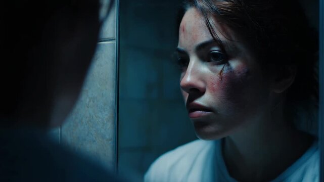 A young Caucasian woman with brown hair and visible bruises looks into a mirror in a dimly lit bathroom. The atmosphere is tense and somber.