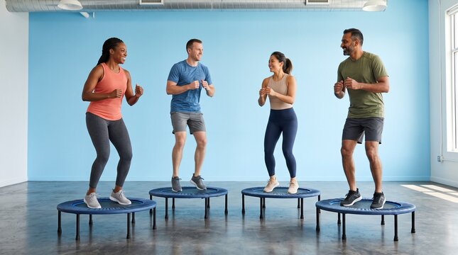 Friends begin a synchronized rebound fitness interval