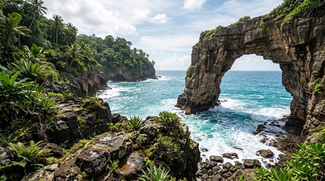 Coastal rock arch formation standing in turquoise ocean water with waves crashing against jagged cliffs and lush tropical jungle.