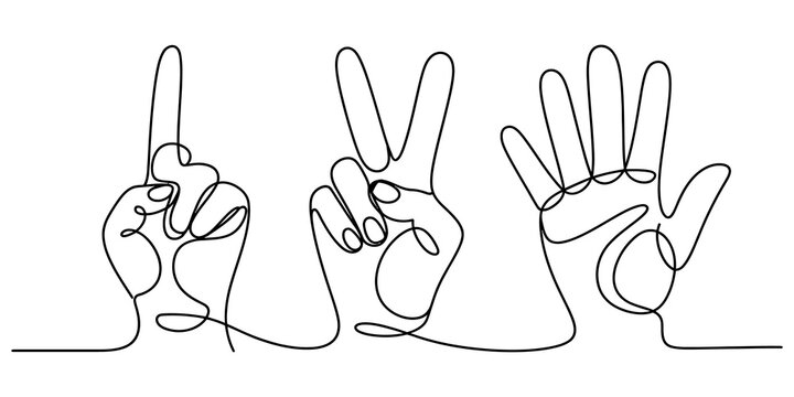 Continuous line drawing of human hands showing one two and five fingers as numbers one two and five isolated on transparent background