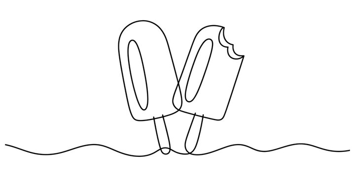 Continuous single line drawing of two popsicle ice cream treats with one bitten snack on a summer day isolated on transparent background