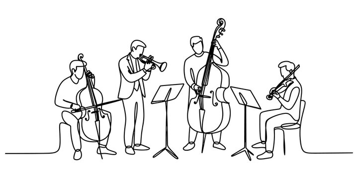 Small classical music quartet playing instruments together in a simple black and white line art drawing style isolated on transparent background