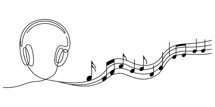 Continuous one line drawing of headphones connected to a musical staff with notes representing sound and melody isolated on transparent background