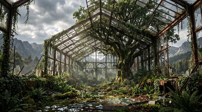 Greenhouse structure overtaken by wild vegetation and large trees growing through the broken glass roof.