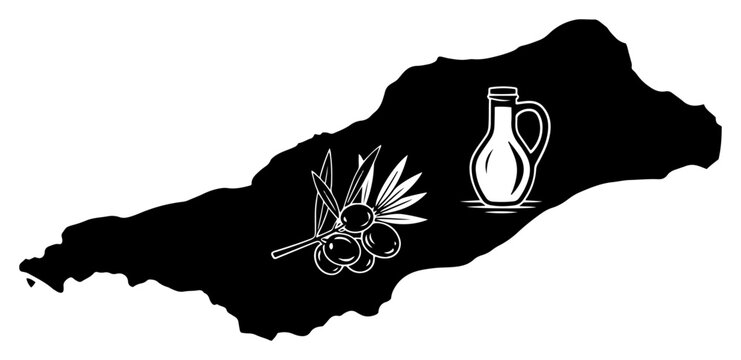 Crete island map with olive branch and olive oil jug vector illustration, Greece Greek EVOO silhouette graphic