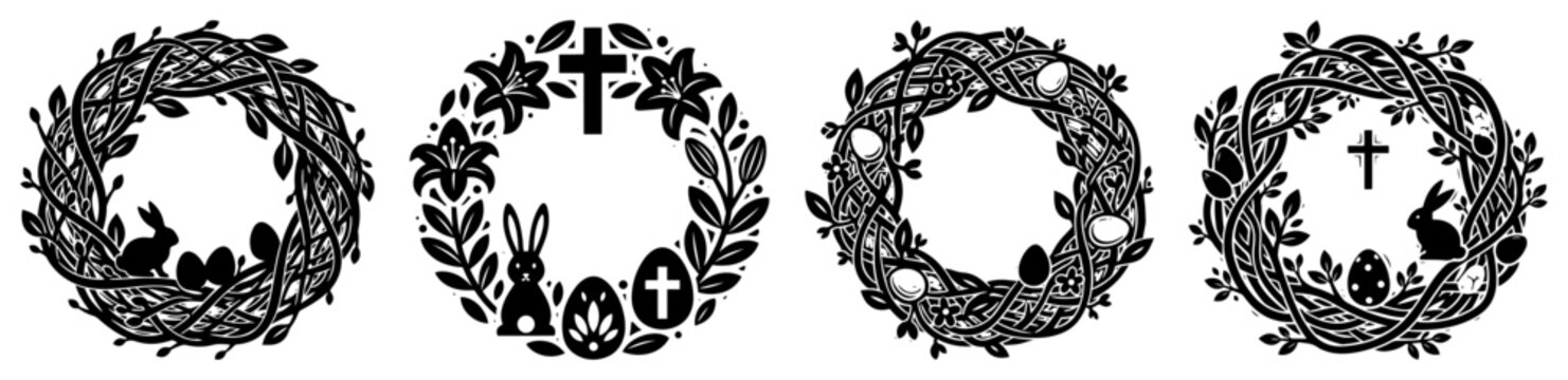 Easter wreaths set vector illustration, floral spring branch wreath with bunny eggs and cross silhouette graphic