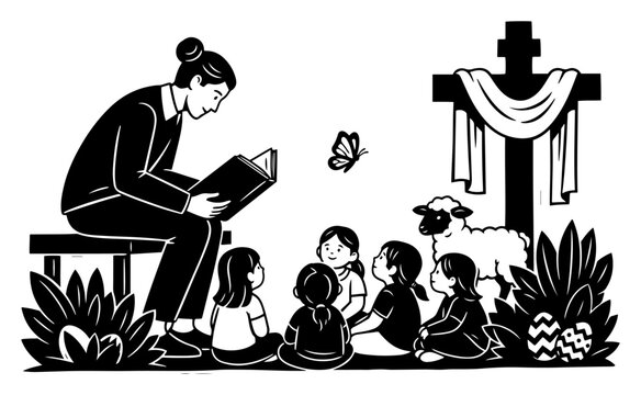 Sunday school teacher reading Bible to children vector illustration, Christian Easter story with cross and lamb line art