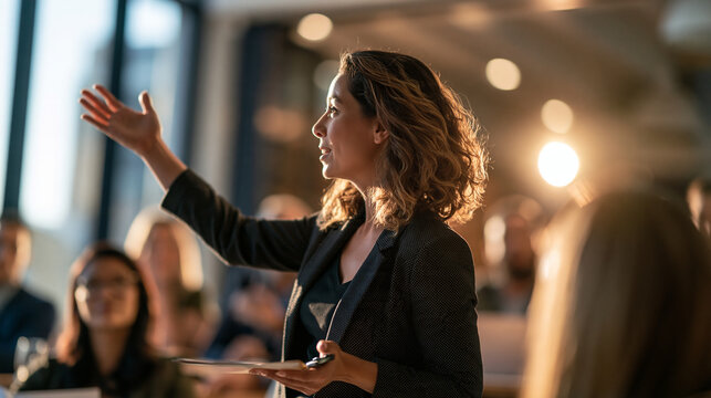 Rear crop of a woman raising her hand while speaking to colleagues during a bright office training session clean well lit workplace scene leadership public speaking corporate training