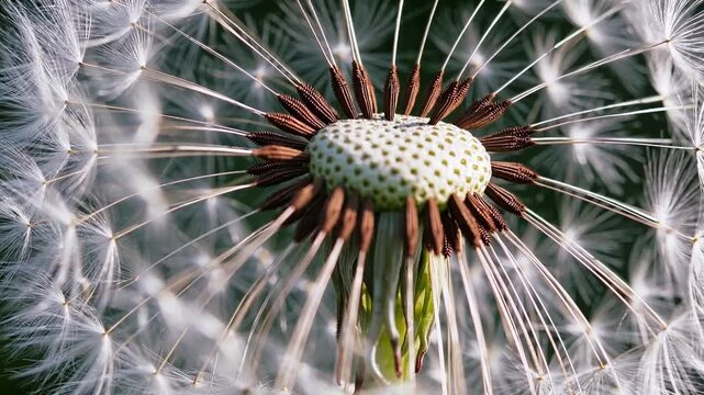 Fluffy dandelion seeds gradually sharpen in botanical close up, highlighting symmetrical seedhead structure and fragile white fluff under bright daylight for peaceful environmental mood.