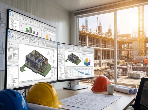 Computer monitors displaying BIM software with construction site background