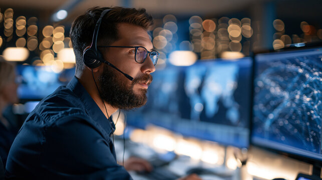 Side profile crop of a dispatcher wearing a headset working at multiple bright monitors displaying maps clean well lit control room logistics coordination transportation management