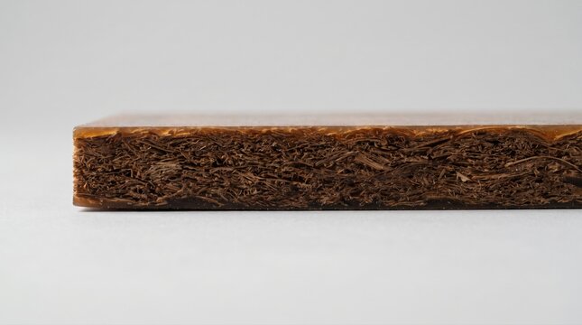 Close up of a cut edge of a composite wood particle board showing internal texture against white background