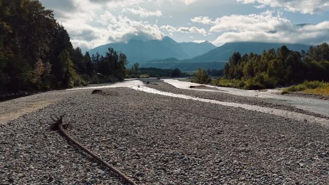 Aerial view of a braided gravel river in the Fraser Valley, BC