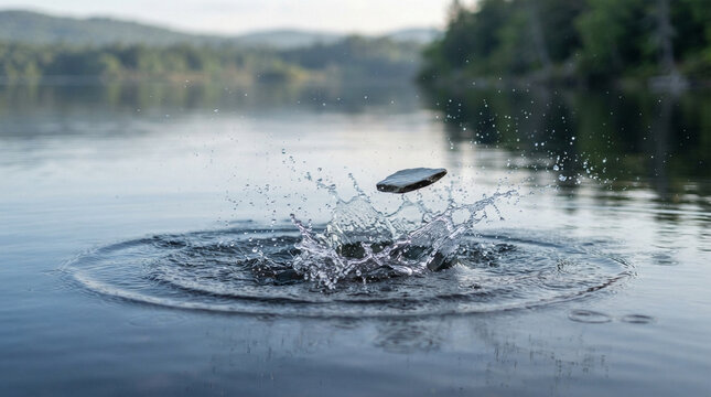 Flat stone skipping on a calm lake with water splash