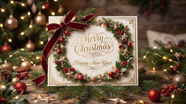 Merry Christmas greeting card featuring a festive wreath with velvet red ribbon and gold ornaments