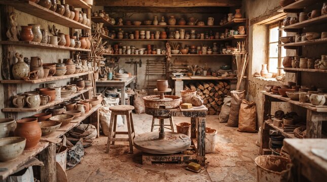 Clay pottery studio interior showcasing a spinning wheel surrounded by rustic handmade ceramic mugs and bowls