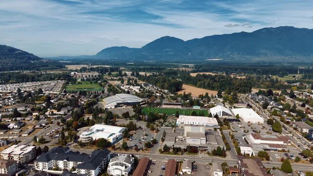 Aerial view of a sports complex and farmland in Chilliwack, BC