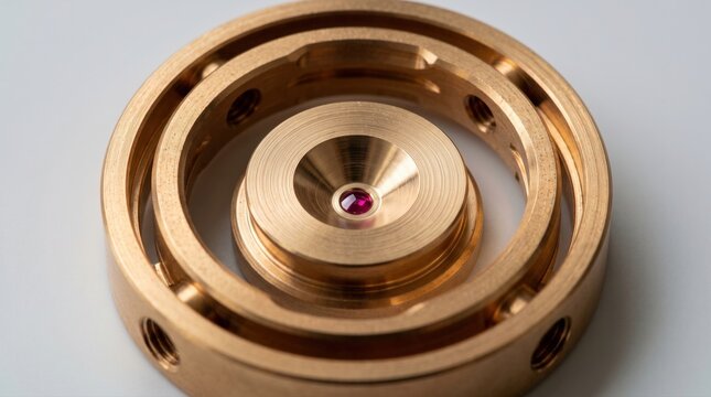 Macro view of a brass gyroscope gimbal ring featuring a central ruby bearing on a neutral background