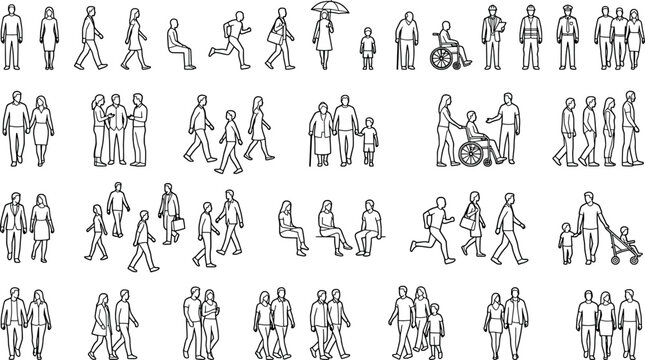 Collection of various architectural human figures for 2d cad drawings, featuring diverse groups and individuals in motion