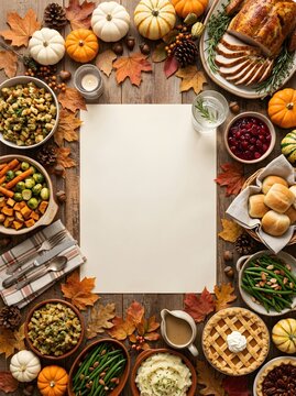 Thanksgiving dinner frame layout on rustic wood with roasted turkey, autumn leaves and empty paper. Traditional festive holiday food celebration spread with copy space for seasonal menu design.