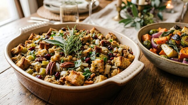 Traditional Thanksgiving bread stuffing in a ceramic baking dish on a wooden table. Savory herb seasoning with cranberries and pecans for a festive autumn holiday family dinner meal.