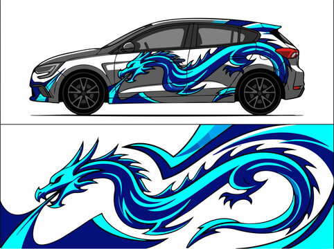 Abstract blue dragon vinyl car decal design graphic.