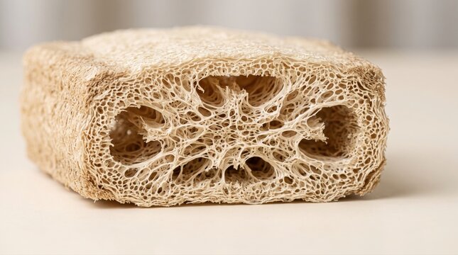 Natural dried luffa sponge slice showing fibrous texture on a clean light background with copy space