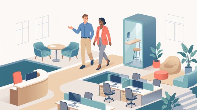 Onboarding tour manager guiding new employee through stylized office layout