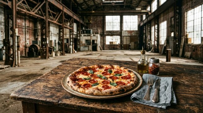 Pepperoni pizza on a wooden table in an abandoned warehouse, olive oil and chili flakes nearby.