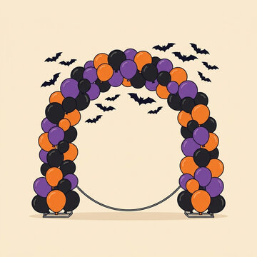 Halloween balloon arch with orange black and purple colors plus bats vector illustration for party event decoration and spooky seasonal celebrations