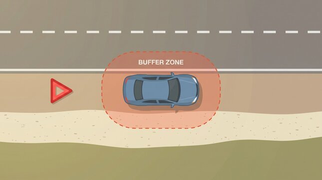 Top-down roadside breakdown safety map with warning triangle