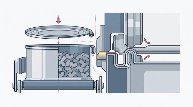 Steel lid cross-section at a double-seam canning station