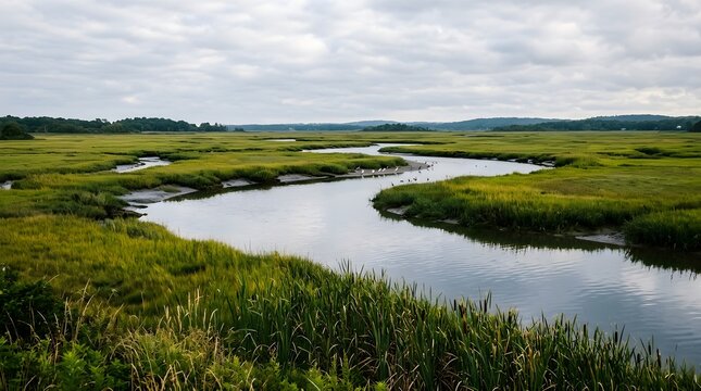 Winding river flows through vibrant green salt marsh grasses under a cloudy sky during a peaceful summer afternoon nature scene