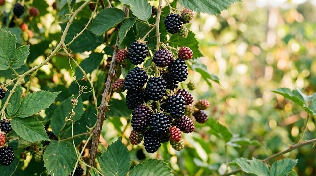 Ripe dark blackberries hang gracefully from vibrant green thorny bramble branches captured in natural morning light within lush summer gardens