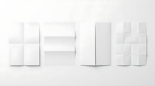 Collection of blank white paper sheets showcasing different folding patterns and mockups on a clean white background.