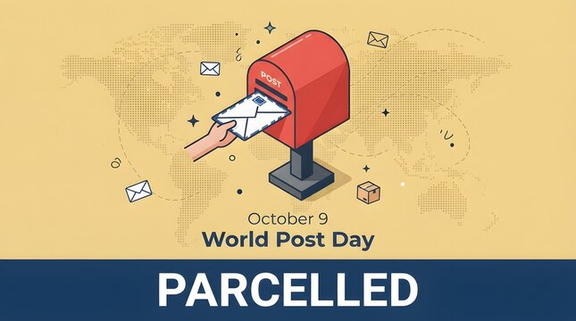 World Post Day Par celled Concept with Red Mailbox and Flying Letters on Beige Background
