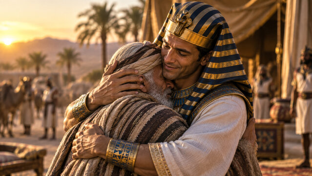 Joyful Joseph embracing his father.