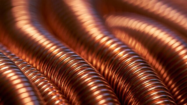 Close-up of a group of coiled copper pipes. the pipes are arranged in a spiral pattern, with each pipe slightly overlapping the one below it.