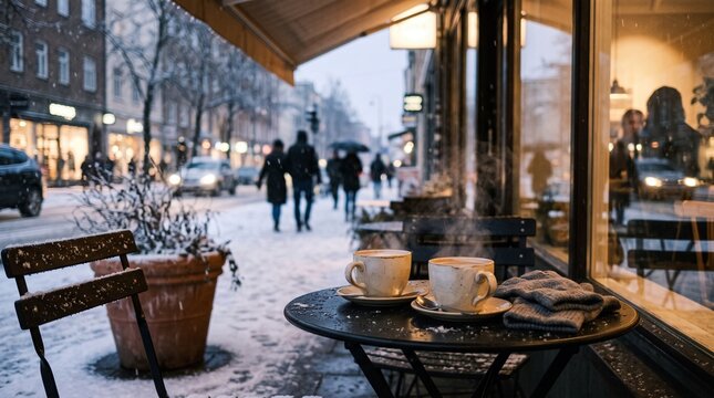 Warm drinks at a snowy cafe edge as the city stroll continues